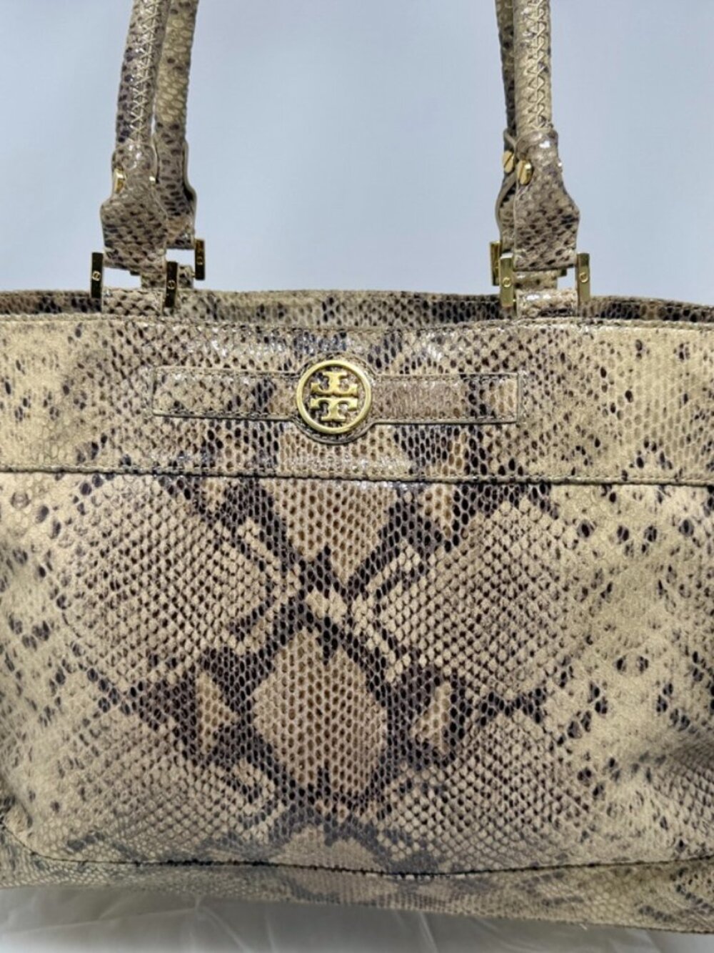 Tory Burch Python Embossed Leather Tote Bag Large Gold Logo Structured Carryall